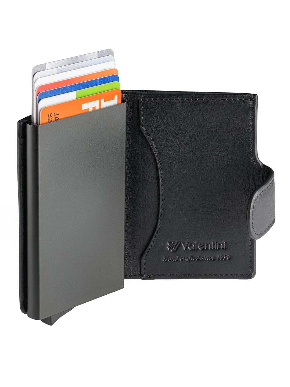 Metalowy portfel na karty w skórzanym etui Trophy 011 czarny